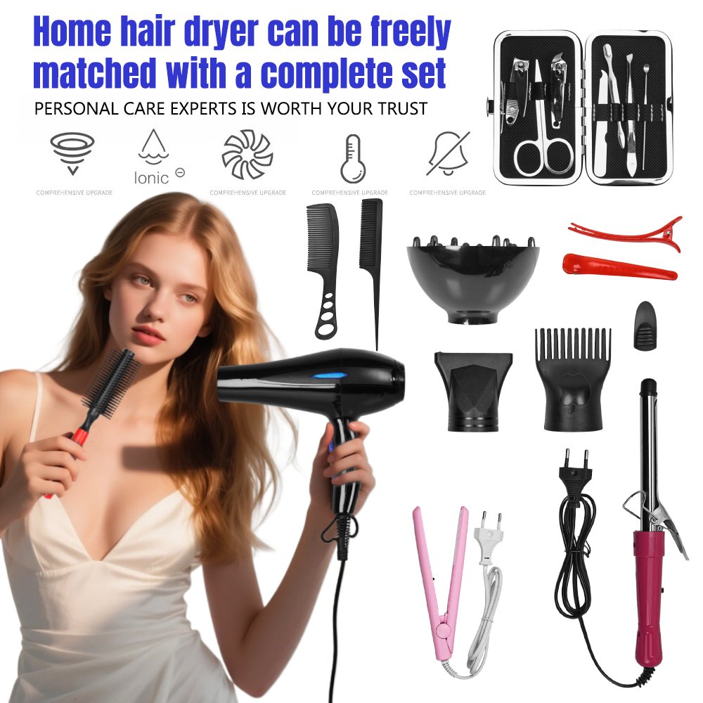 Sèche-cheveux haute vitesse 5 vitesses réglages d'air Sèche-cheveux avec fer plat Fer à friser Peigne Clippers Ensemble de sèche-cheveux professionnel