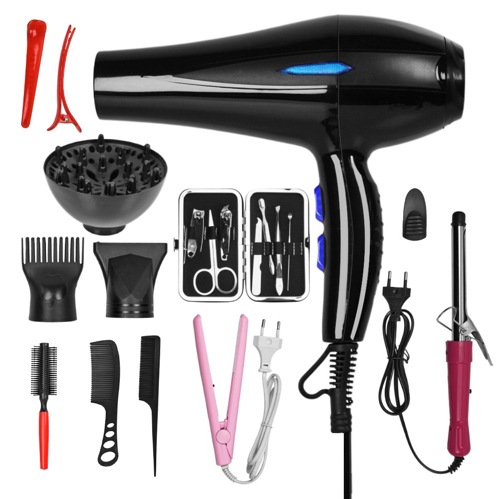 Sèche-cheveux haute vitesse 5 vitesses réglages d'air Sèche-cheveux avec fer plat Fer à friser Peigne Clippers Ensemble de sèche-cheveux professionnel – Image 2